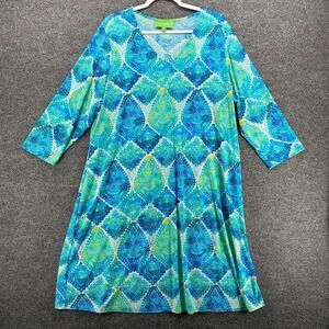 Pappagallo Dress Womens 2X Watercolor Blue Shift Coastal Beachy Resort Vacation